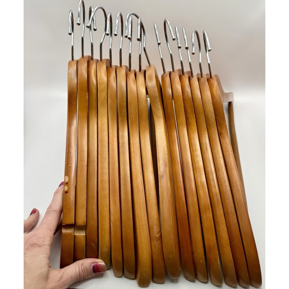 Vtg Lot Of 15 Wooden Hangers Natural Wishbone Batts 17" Pant Closet Organization